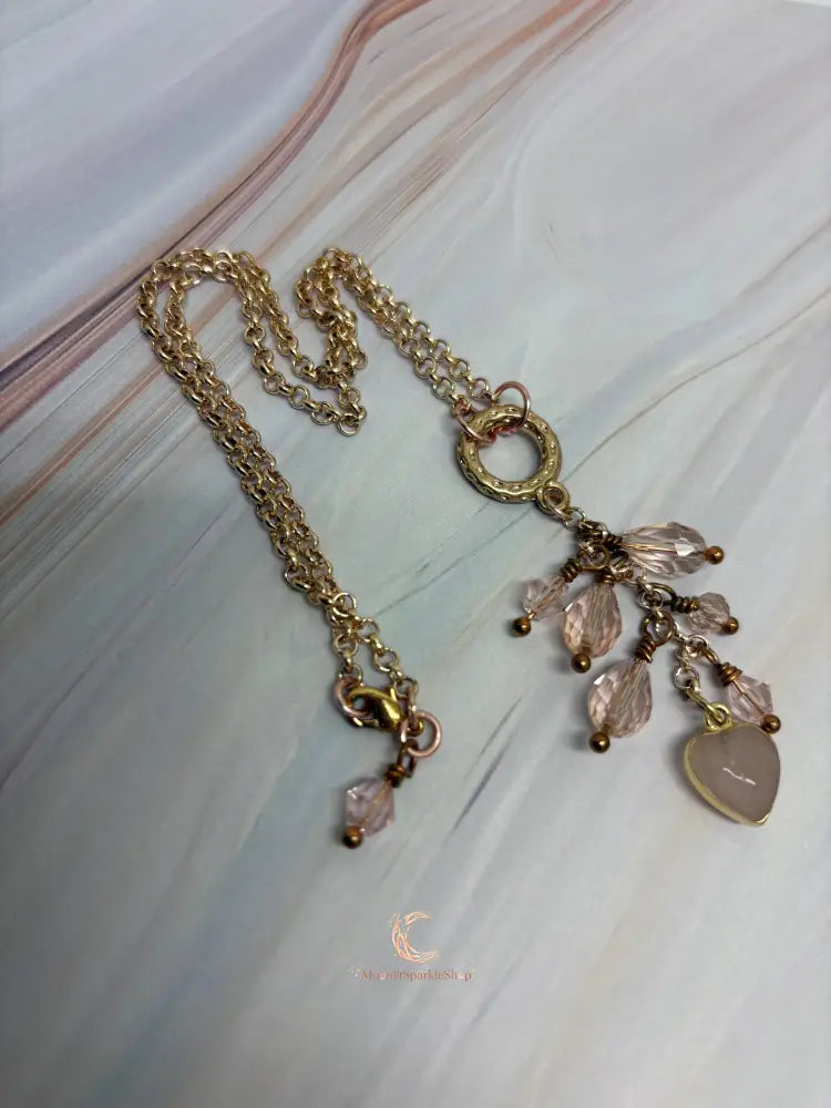 Rose Quartz Heart Pendant Necklace – Pink Crystal Waterfall 16" Chain