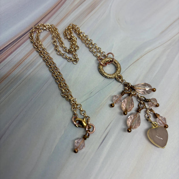 Rose Quartz Heart Pendant Necklace – Pink Crystal Waterfall 16" Chain