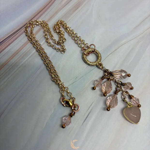 Rose Quartz Heart Pendant Necklace – Pink Crystal Waterfall 16" Chain