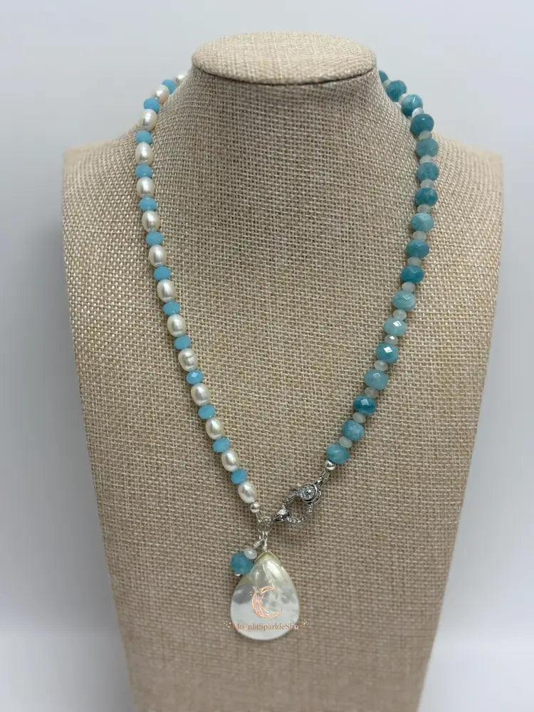 Aquamarine Pearl Pendant Necklace - Sterling Silver with Moonstone Accent