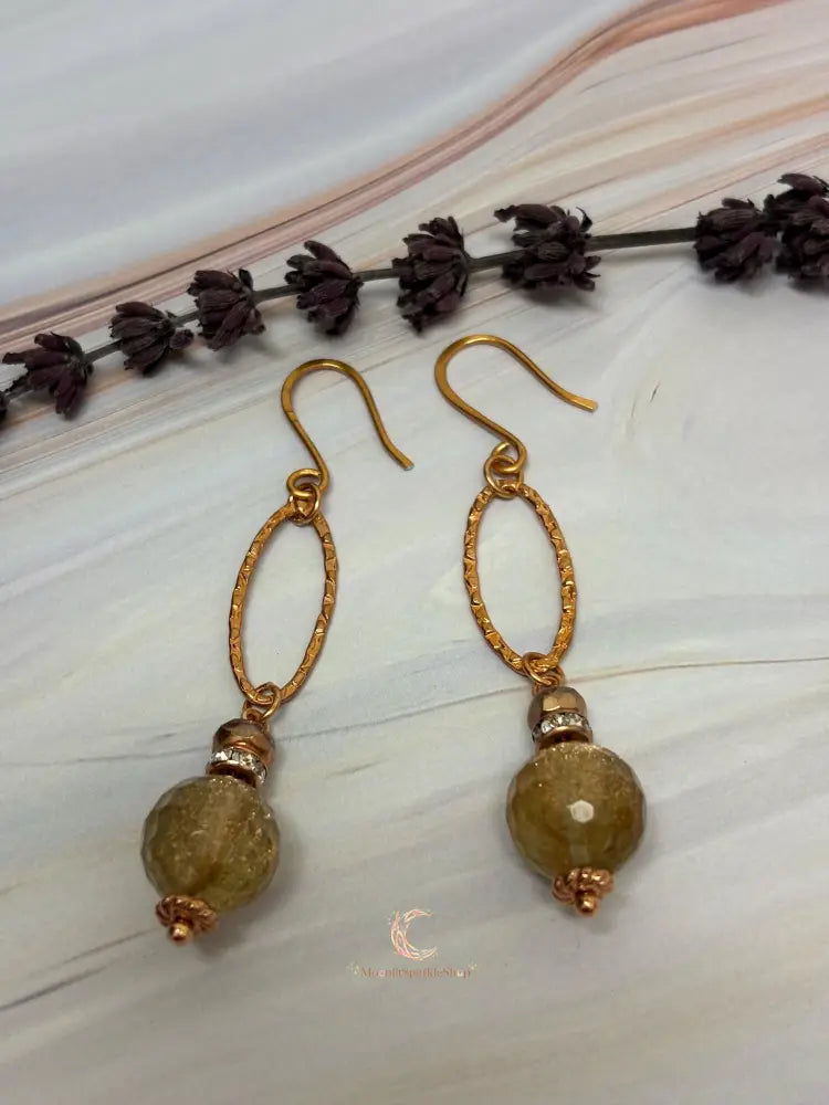 Rutilated Quartz Drop Earrings - Copper Gemstone Statement Jewelry
