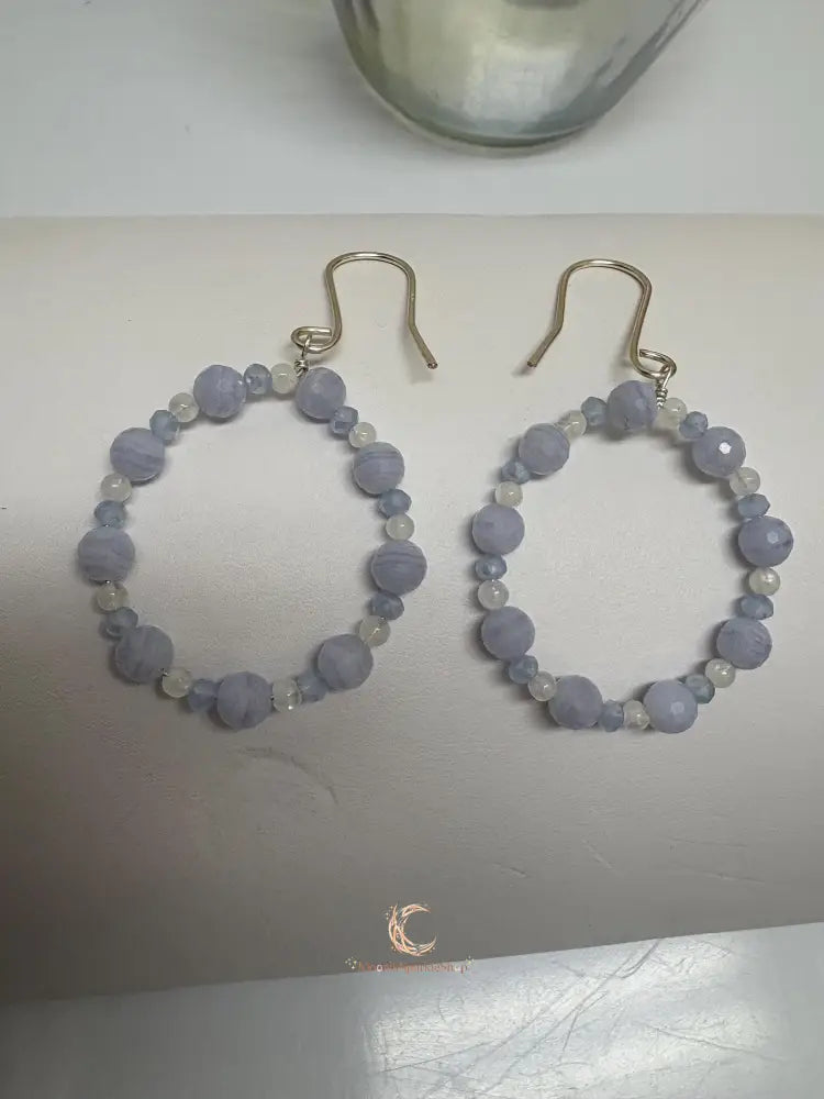 Blue Lace Agate Moonstone Hoop Earrings – Sterling Silver Gemstone Dangle Jewelry