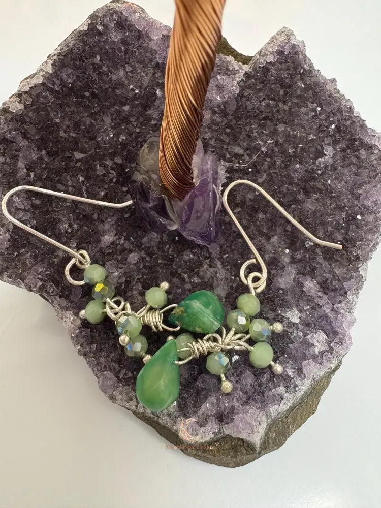 Peruvian Opal Earrings – Blue Green Gemstone Drop Dangle with Silver & Czech Crystal