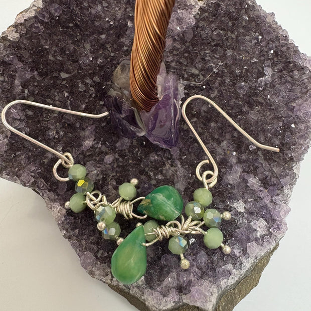 Peruvian Opal Earrings – Blue Green Gemstone Drop Dangle with Silver & Czech Crystal