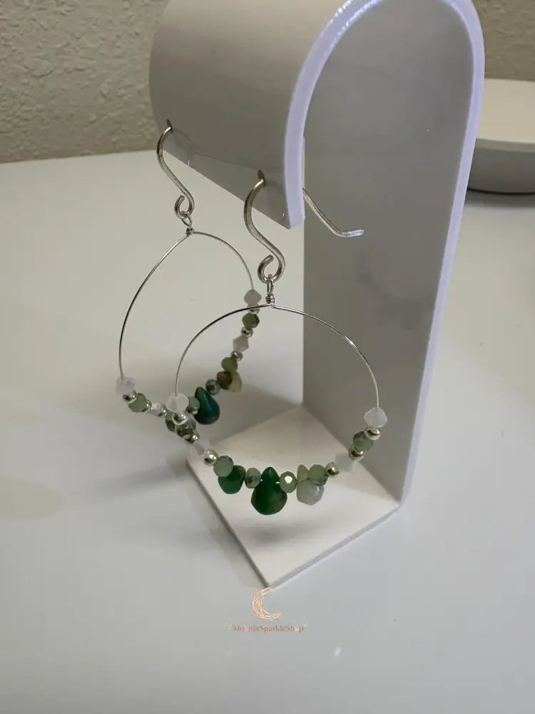 Peruvian Opal Earrings - Sterling Silver Hoop Dangles with Czech Glass Beads