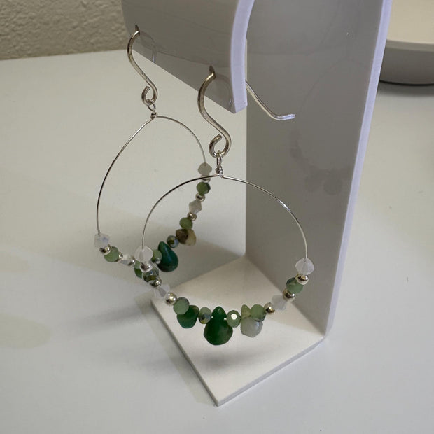 Peruvian Opal Earrings - Sterling Silver Hoop Dangles with Czech Glass Beads