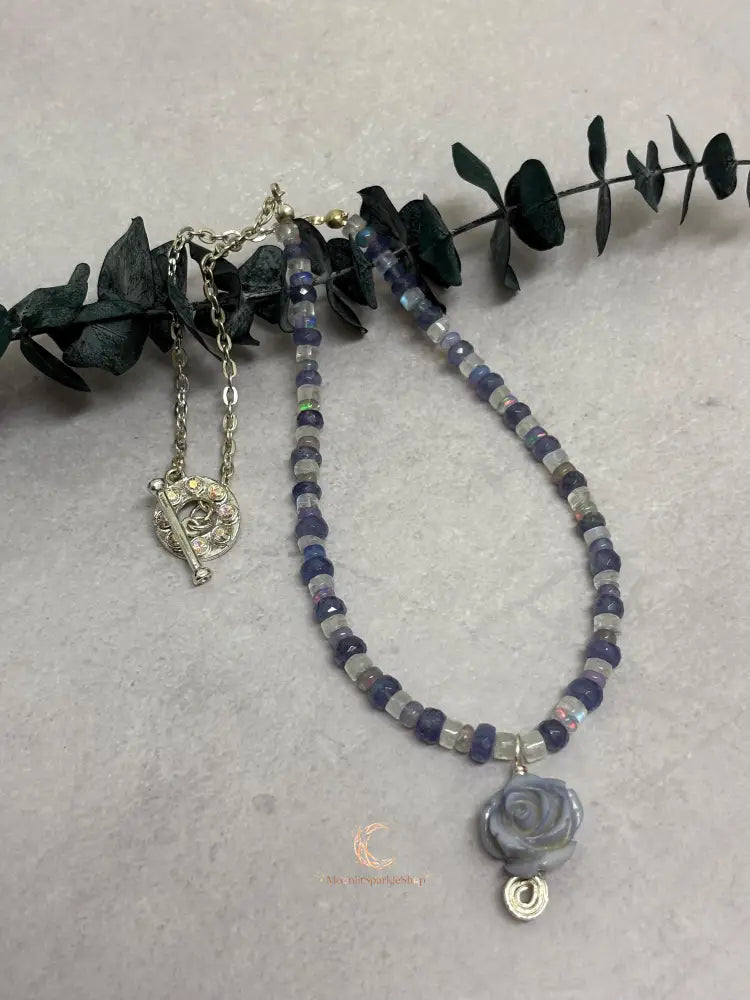 Tanzanite Opal Moonstone Necklace - Lavender Rose Pendant Sterling Silver