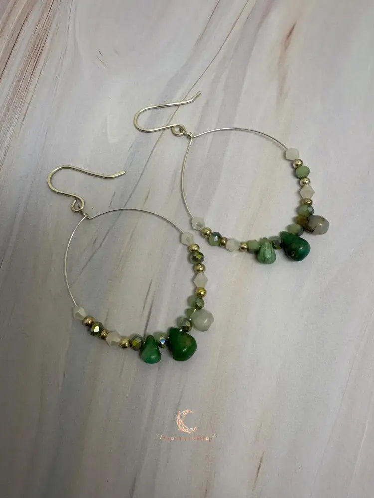 Peruvian Opal Earrings - Sterling Silver Hoop Dangles with Czech Glass Beads