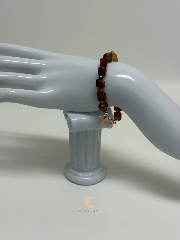 Carnelian Peach Aventurine Bracelet – Copper Leaf Clasp Gemstone Jewelry