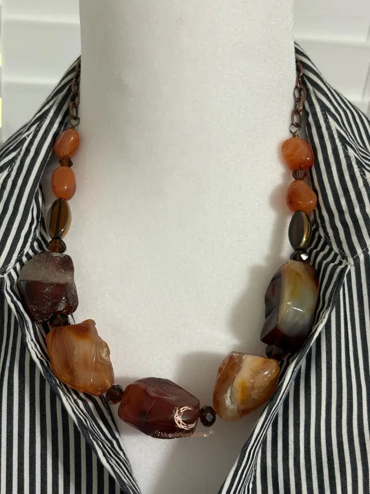 Raw Carnelian Necklace – Chunky Gemstone Antiqued Copper Statement Jewelry