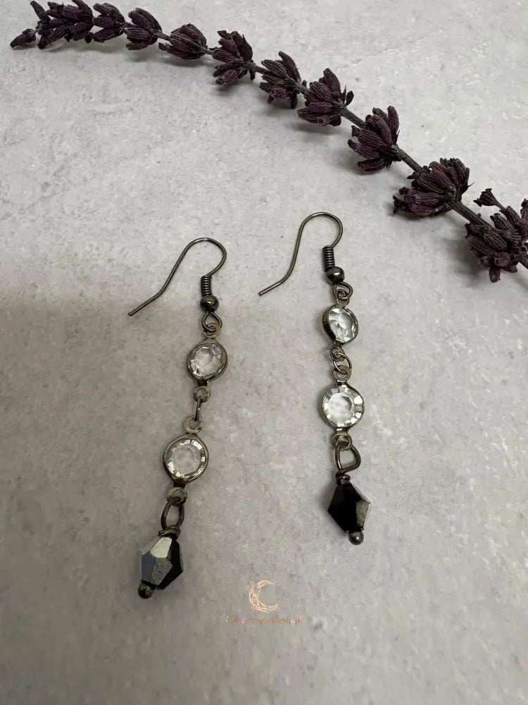 Black Crystal Drop Earrings - Gunmetal Chain Dangle with Rhinestones