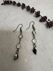 Black Crystal Drop Earrings - Gunmetal Chain Dangle with Rhinestones