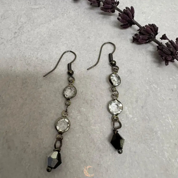 Black Crystal Drop Earrings - Gunmetal Chain Dangle with Rhinestones