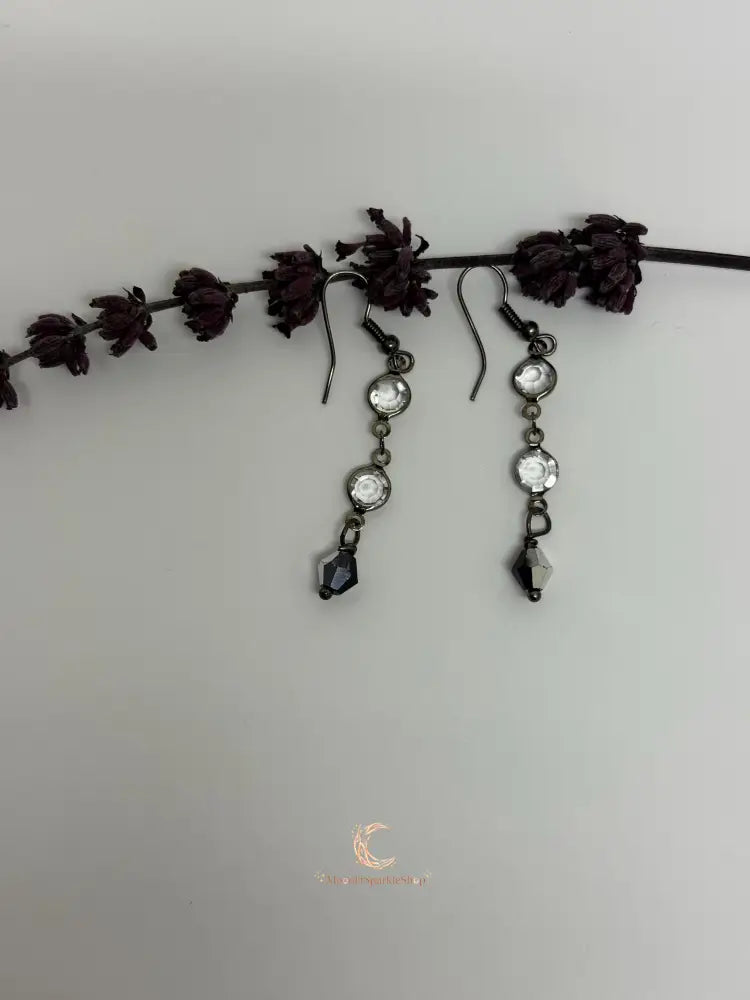 Black Crystal Drop Earrings - Gunmetal Chain Dangle with Rhinestones