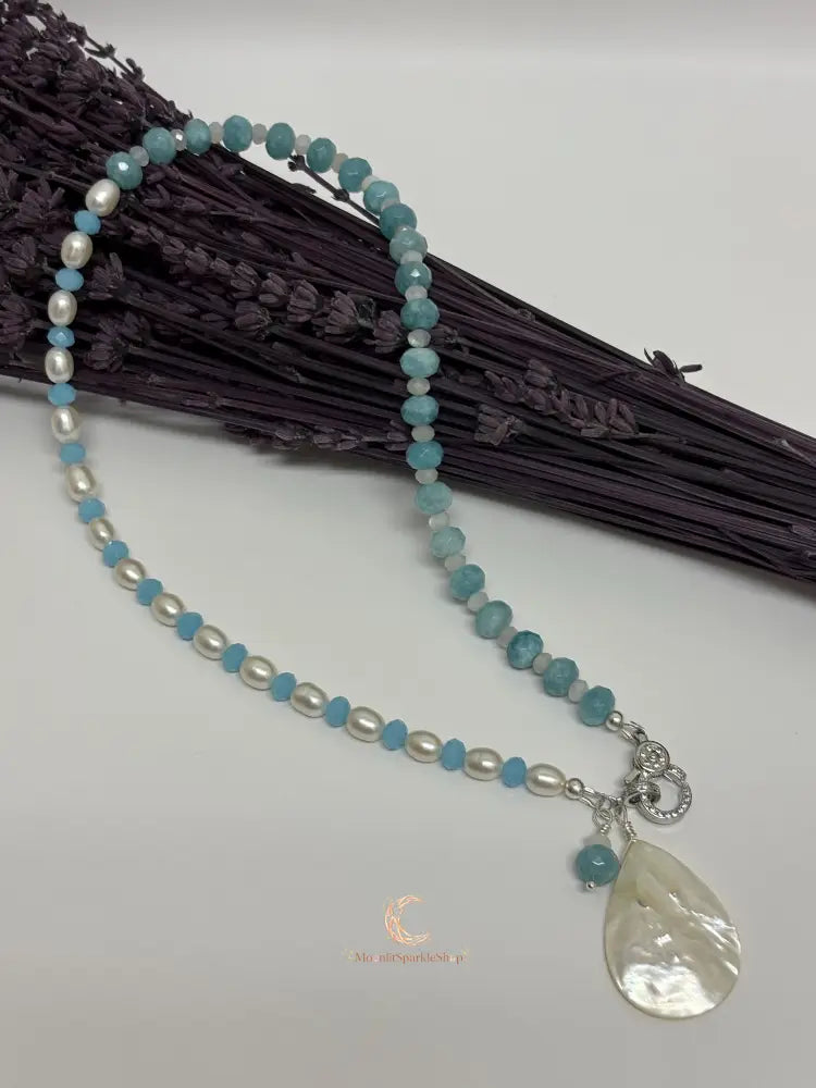 Aquamarine Pearl Pendant Necklace - Sterling Silver with Moonstone Accent