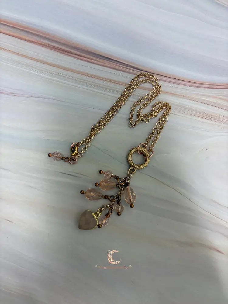 Rose Quartz Heart Pendant Necklace – Pink Crystal Waterfall 16
