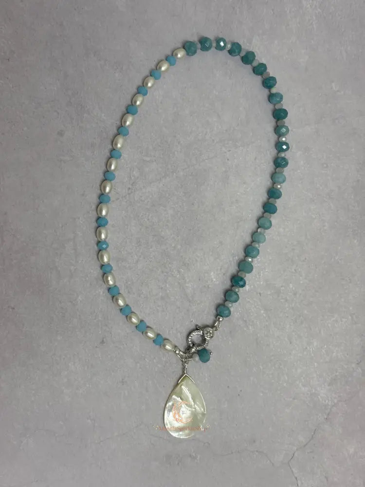 Aquamarine Pearl Pendant Necklace - Sterling Silver with Moonstone Accent