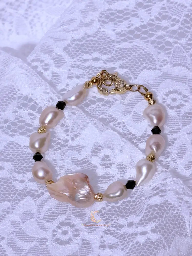 Quiet Balance Bracelet | Blush Baroque Pearl, Black Crystal & 18K Gold Filled | Elegant Handmade Jewelry