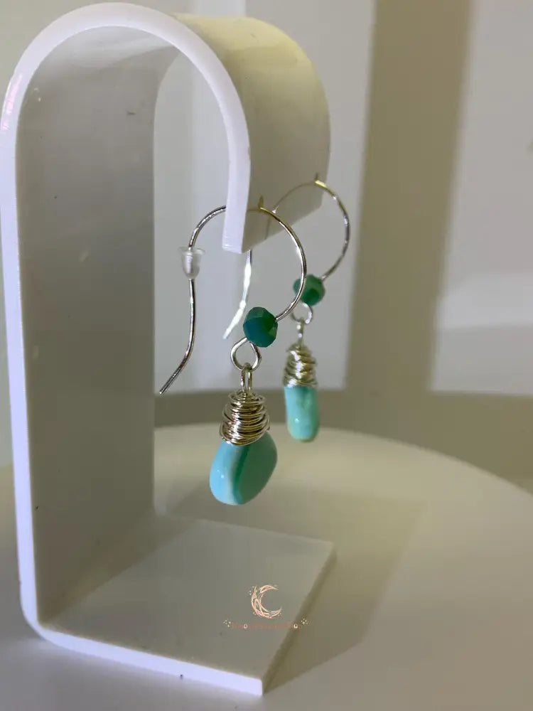 Blue Peruvian Opal Earrings – Silver Wire Wrapped Drop Gemstone Jewelry