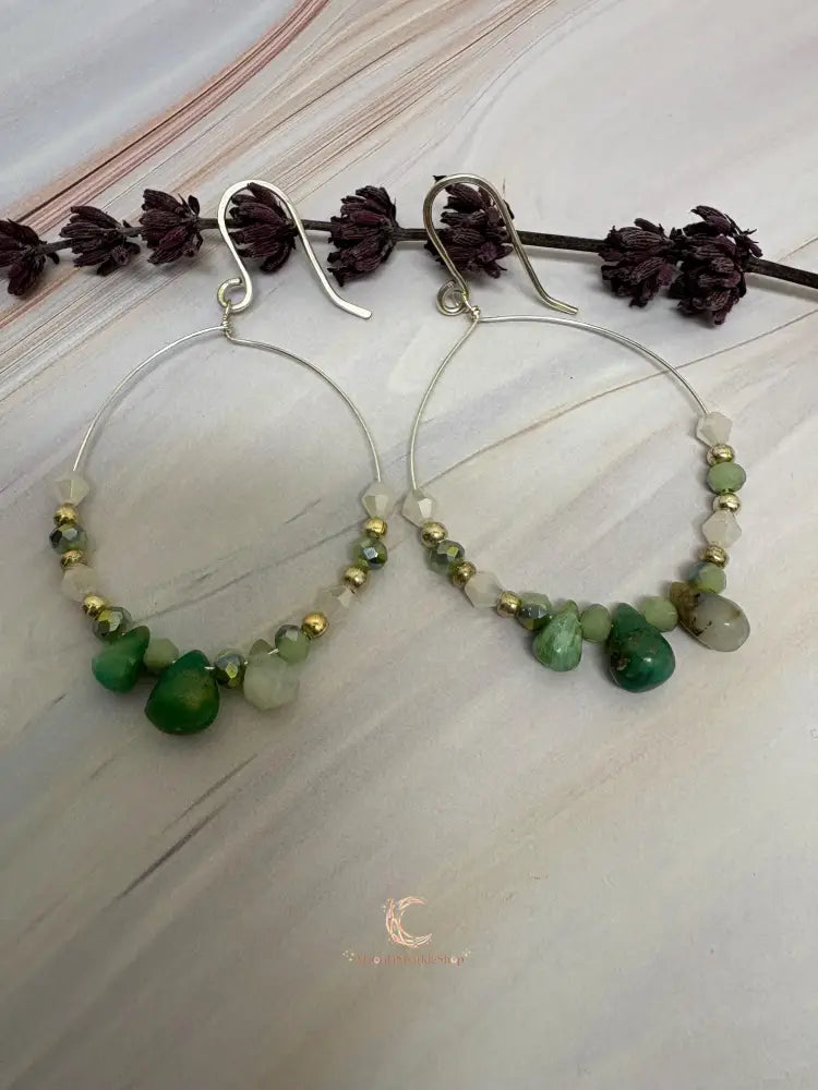 Peruvian Opal Earrings - Sterling Silver Hoop Dangles with Czech Glass Beads