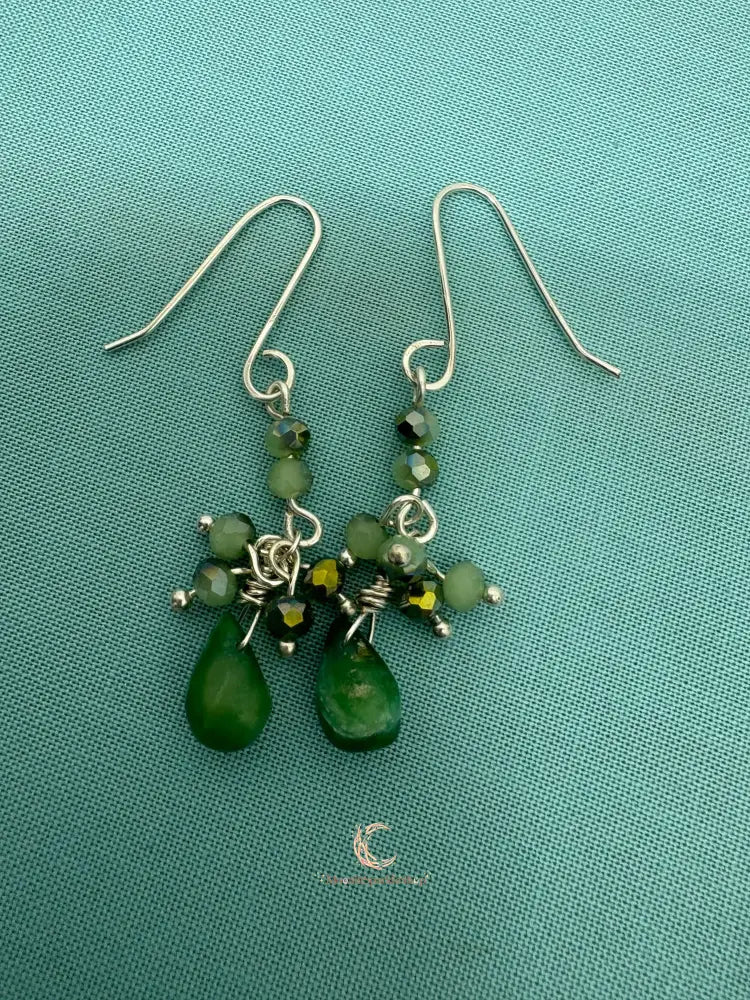 Peruvian Opal Earrings – Blue Green Gemstone Drop Dangle with Silver & Czech Crystal