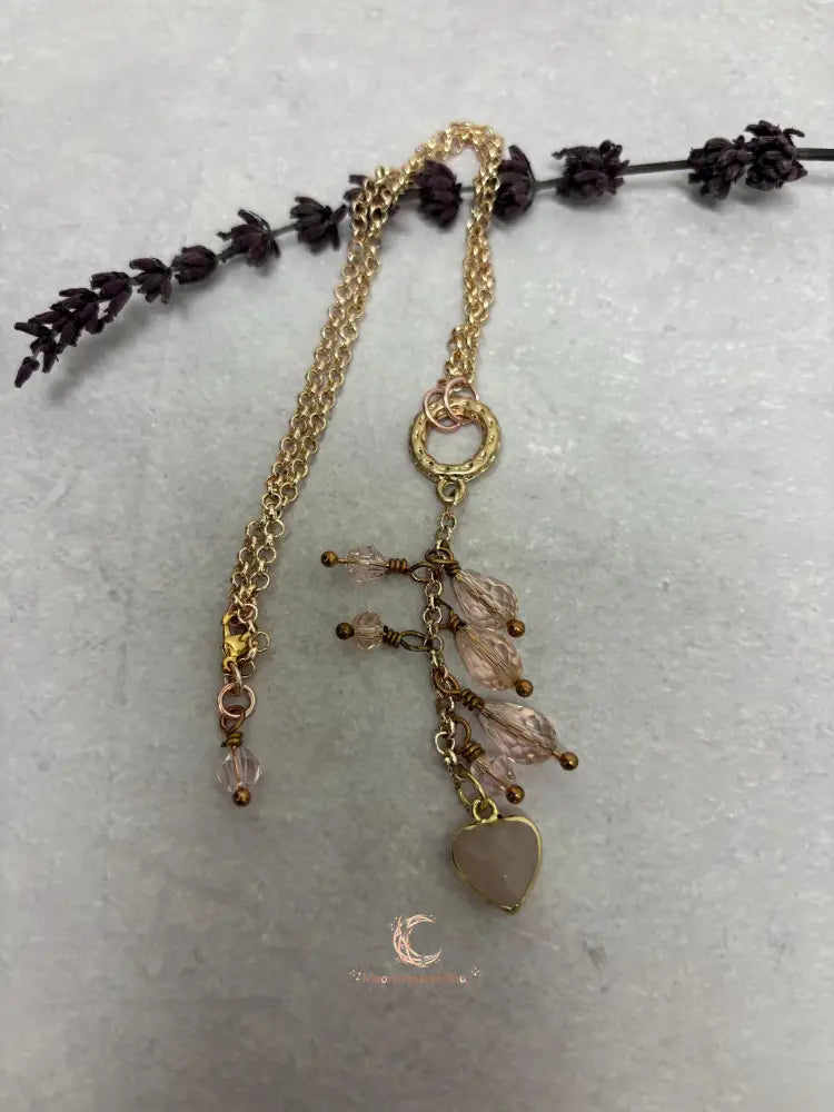 Rose Quartz Heart Pendant Necklace – Pink Crystal Waterfall 16