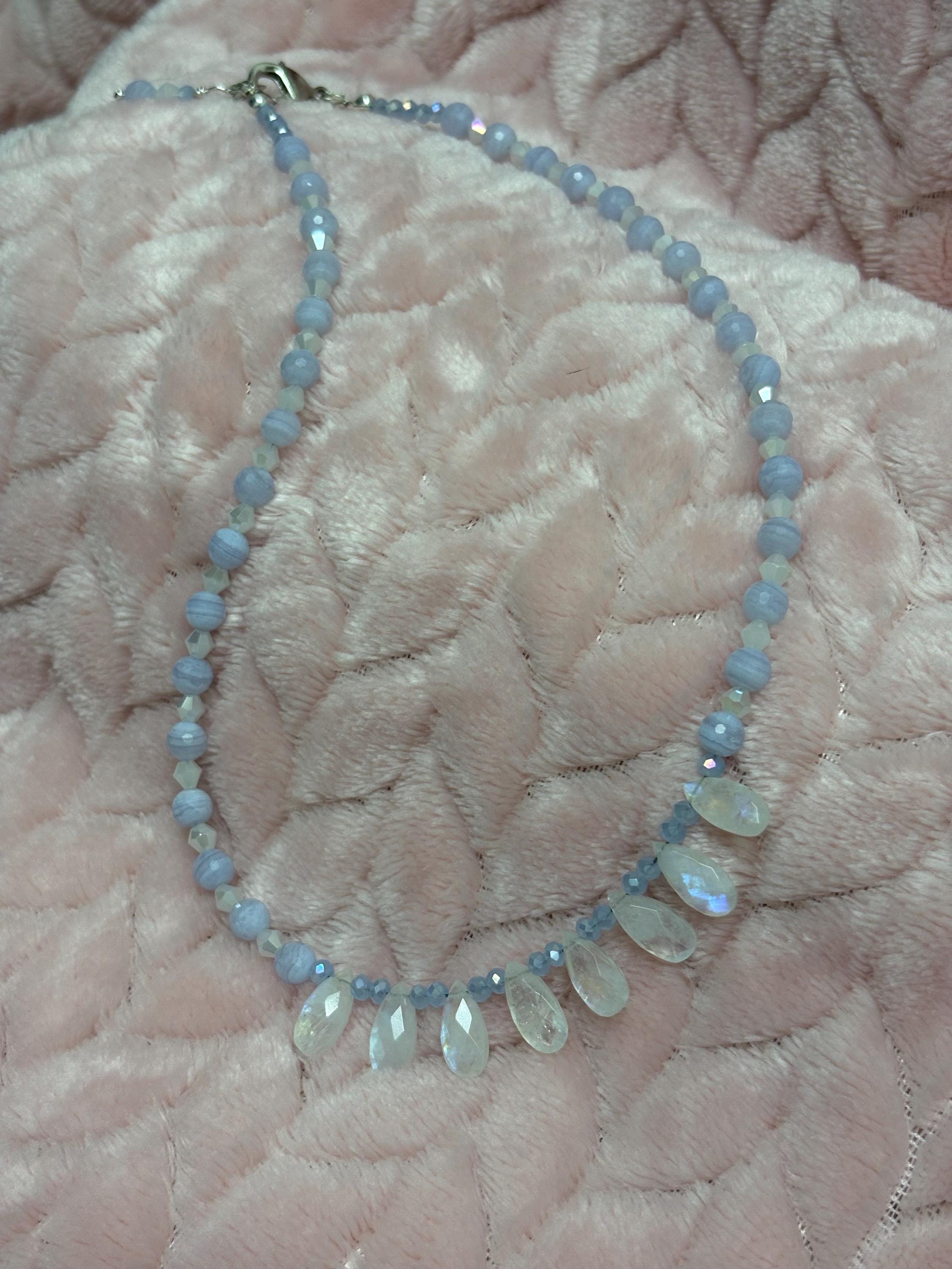 Moonstone Blue Lace Agate Necklace – Sterling Silver Teardrop Gemstone Jewelry