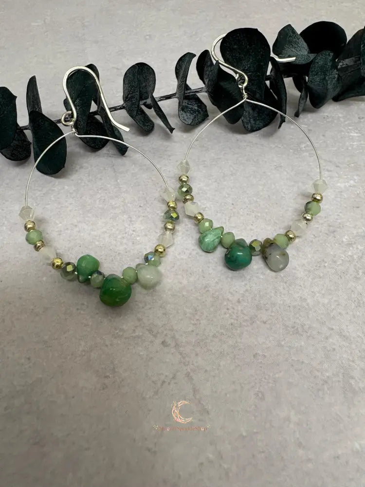 Peruvian Opal Earrings - Sterling Silver Hoop Dangles with Czech Glass Beads