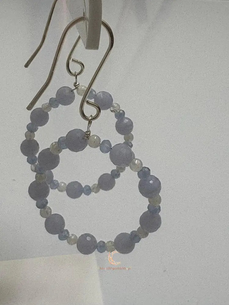 Blue Lace Agate Moonstone Hoop Earrings – Sterling Silver Gemstone Dangle Jewelry