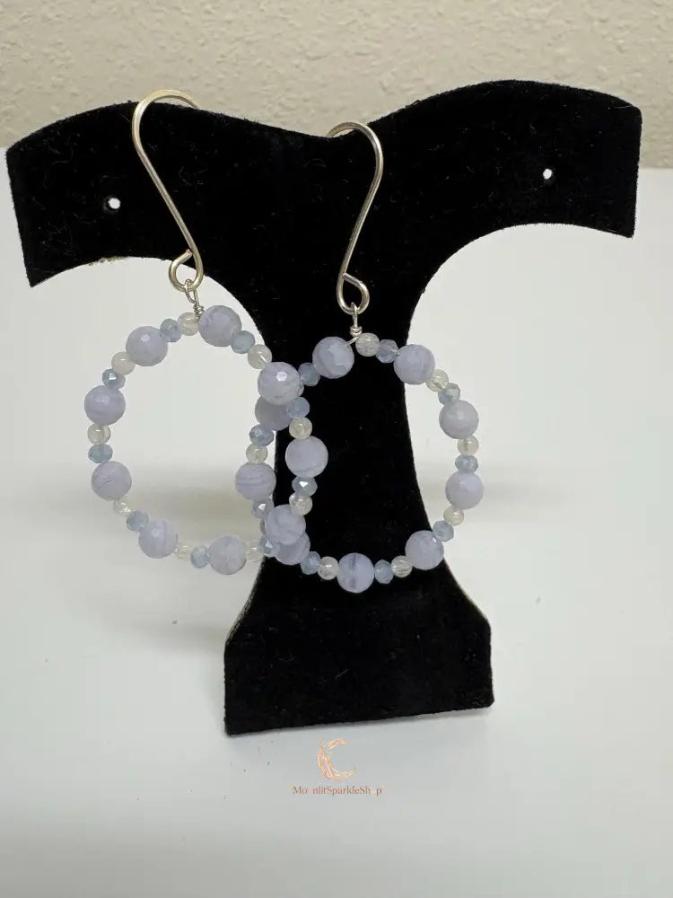 Blue Lace Agate Moonstone Hoop Earrings – Sterling Silver Gemstone Dangle Jewelry