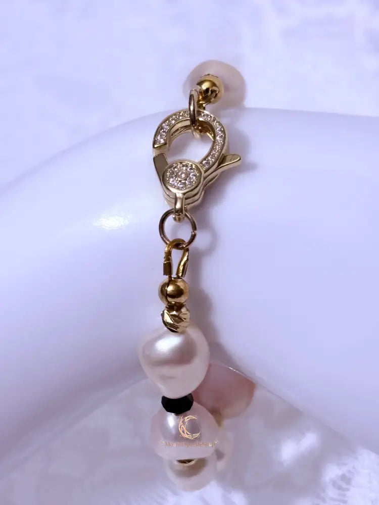 Quiet Balance Bracelet | Blush Baroque Pearl, Black Crystal & 18K Gold Filled | Elegant Handmade Jewelry