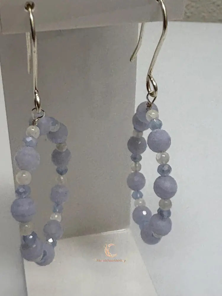 Blue Lace Agate Moonstone Hoop Earrings – Sterling Silver Gemstone Dangle Jewelry