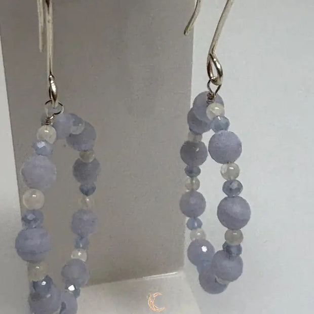 Blue Lace Agate Moonstone Hoop Earrings – Sterling Silver Gemstone Dangle Jewelry