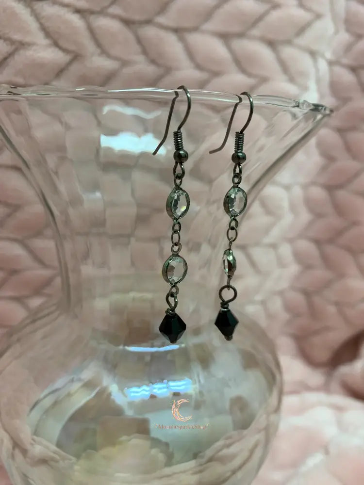 Black Crystal Drop Earrings - Gunmetal Chain Dangle with Rhinestones