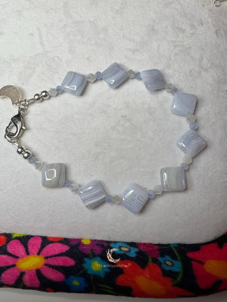 Blue Lace Agate Bracelet – Druzy Moon Charm Gemstone Crystal Jewelry