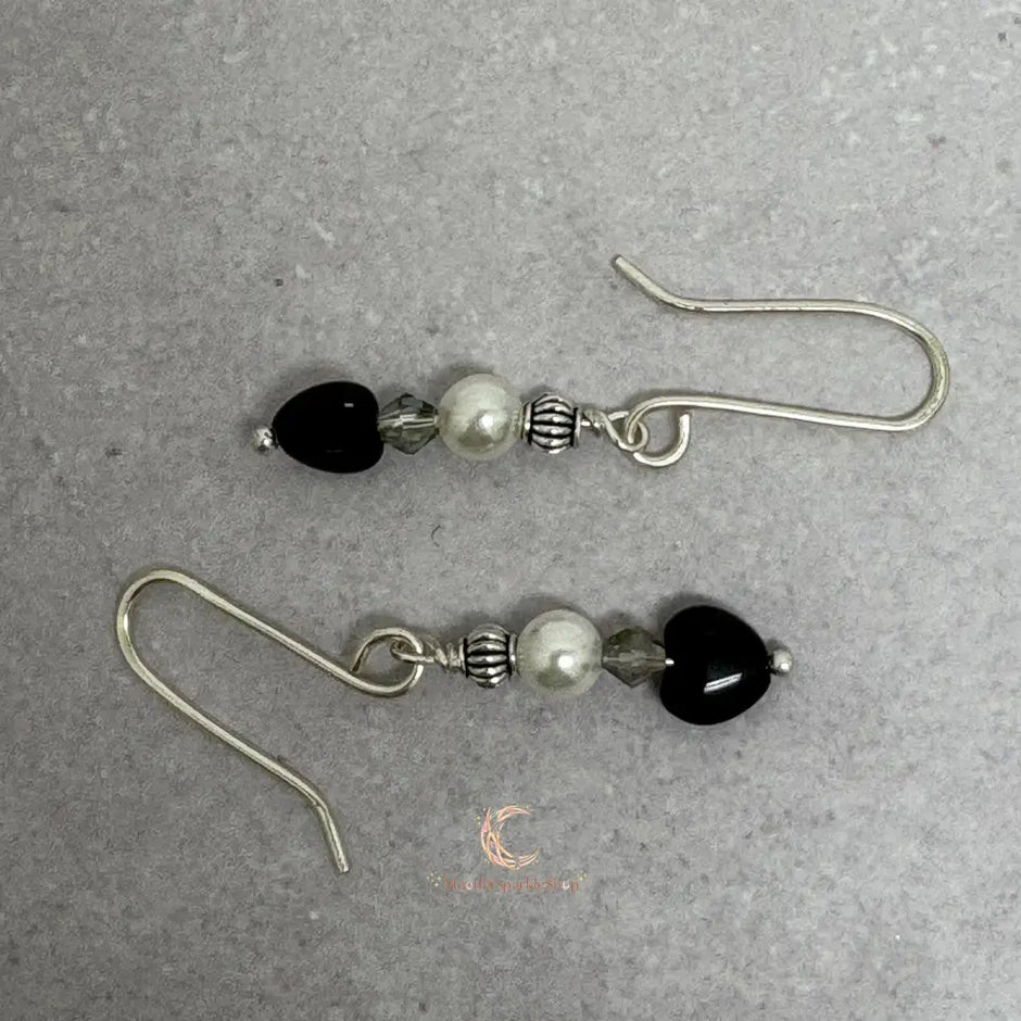 Black Onyx & White Pearl Drop Earrings - Handmade Silver Earwires