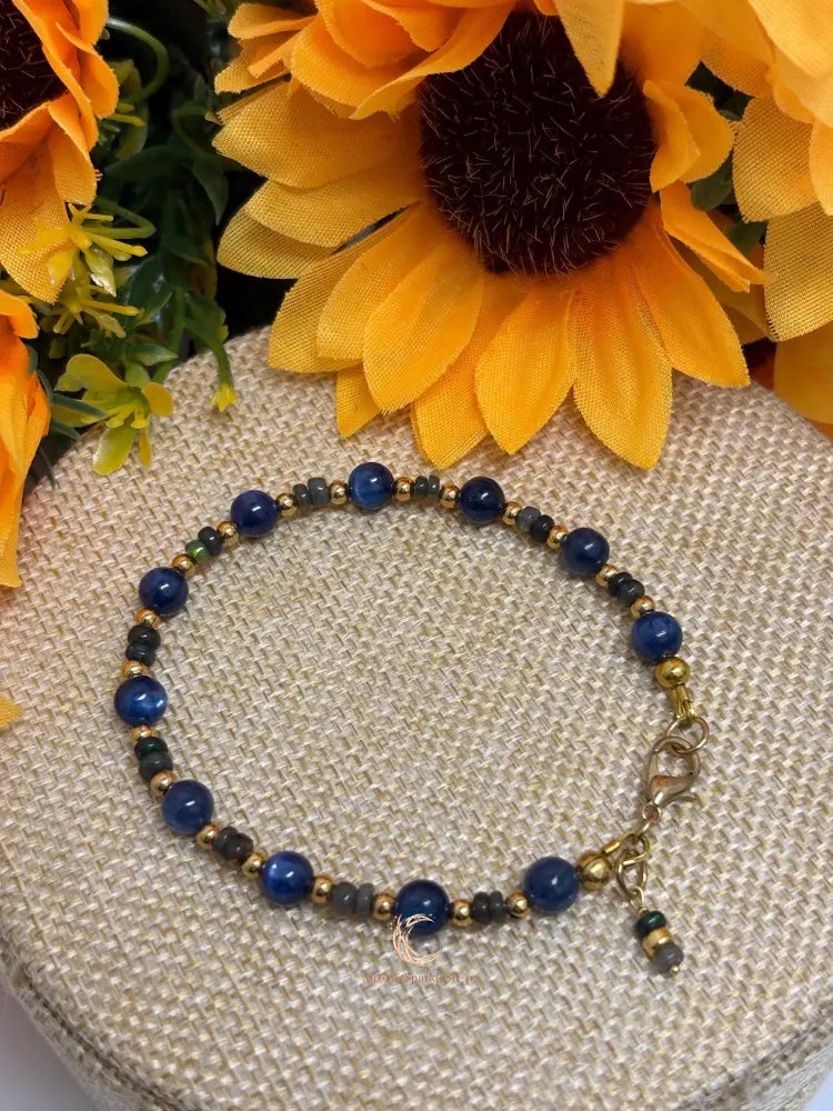 Kyanite Black Opal Bracelet - Ethiopian Opal with Gold Accents