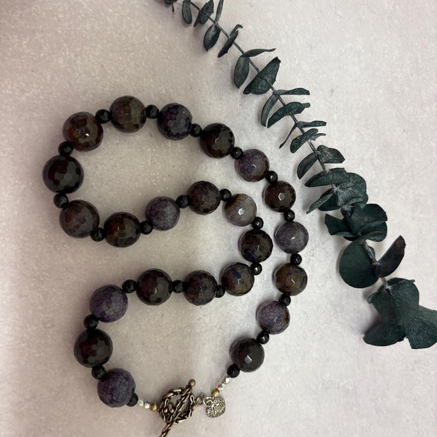 Purple & Black Agate Necklace, Black Onyx Gemstone Jewelry