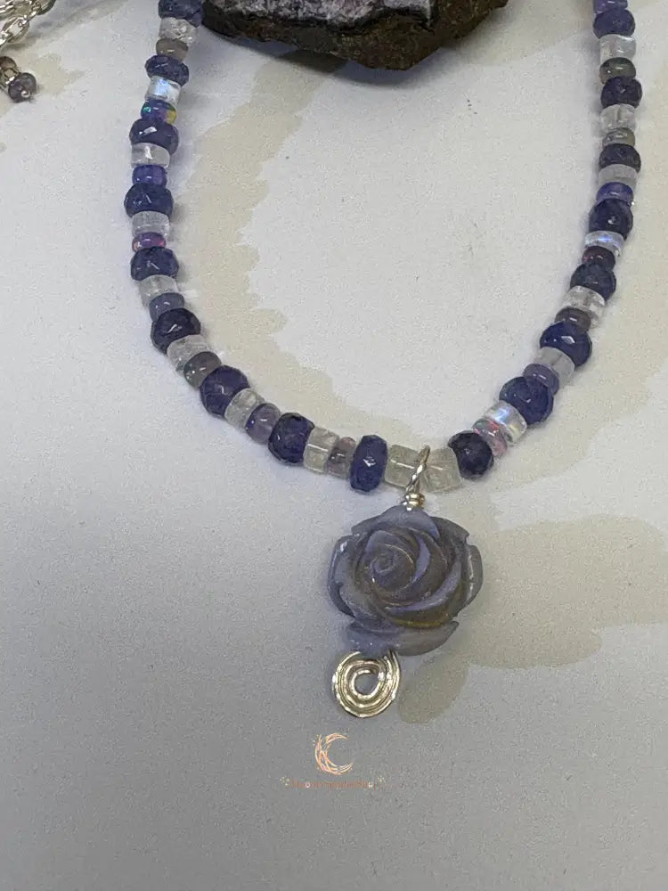 Tanzanite Opal Moonstone Necklace - Lavender Rose Pendant Sterling Silver