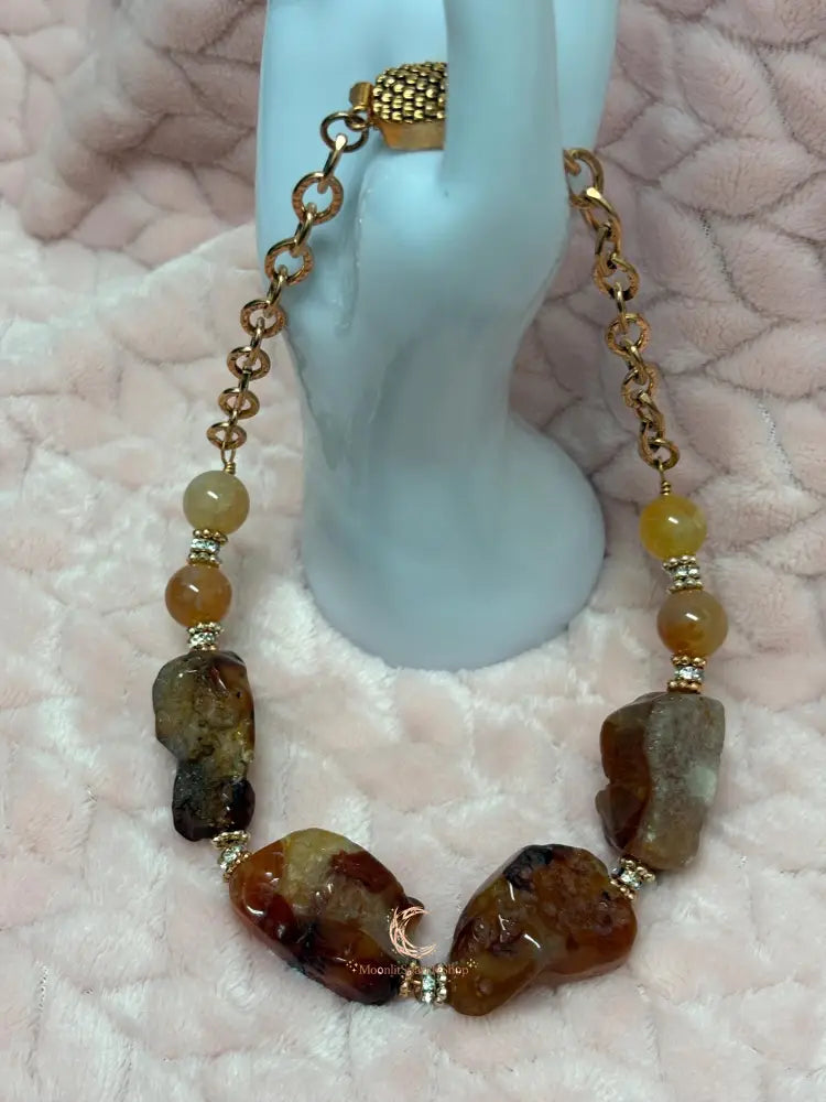 Raw Carnelian Copper Necklace – Chunky Natural Gemstone Pendant, Boho Statement Jewelry for Women