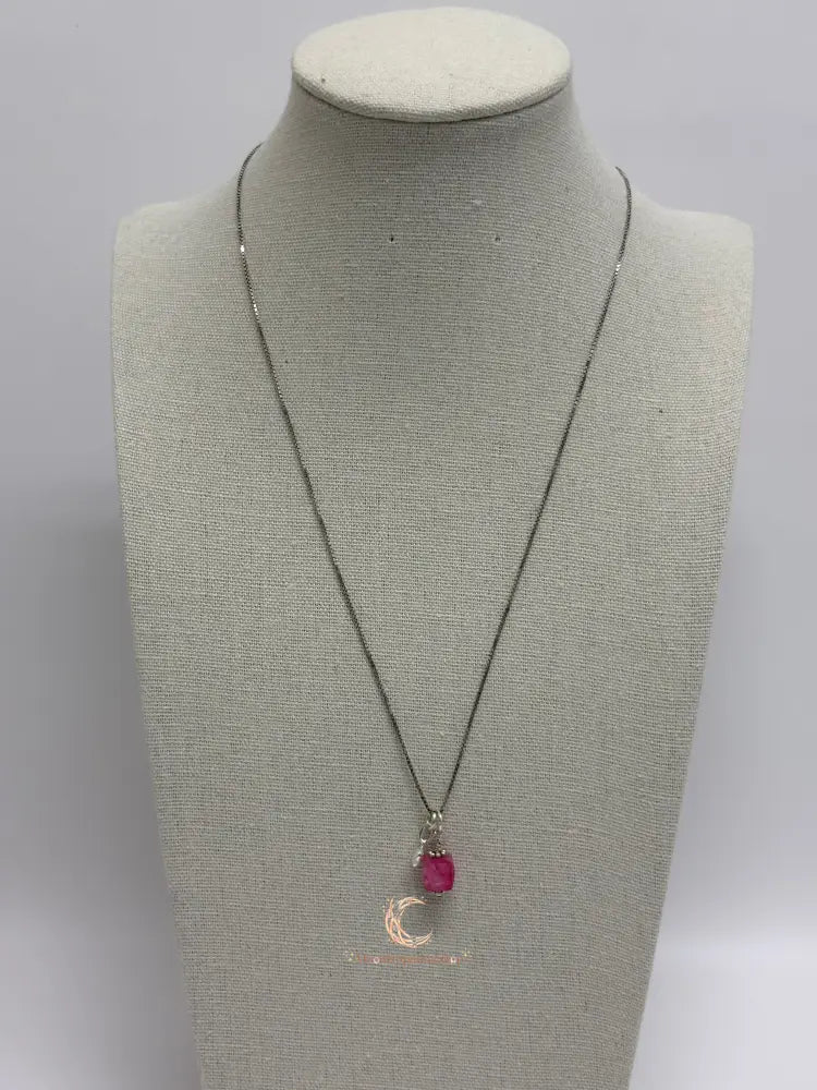 Pink Moonstone Pendant Necklace with Heart Charm - Sterling Silver Box Chain 18