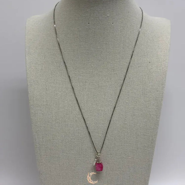 Pink Moonstone Pendant Necklace with Heart Charm - Sterling Silver Box Chain 18"