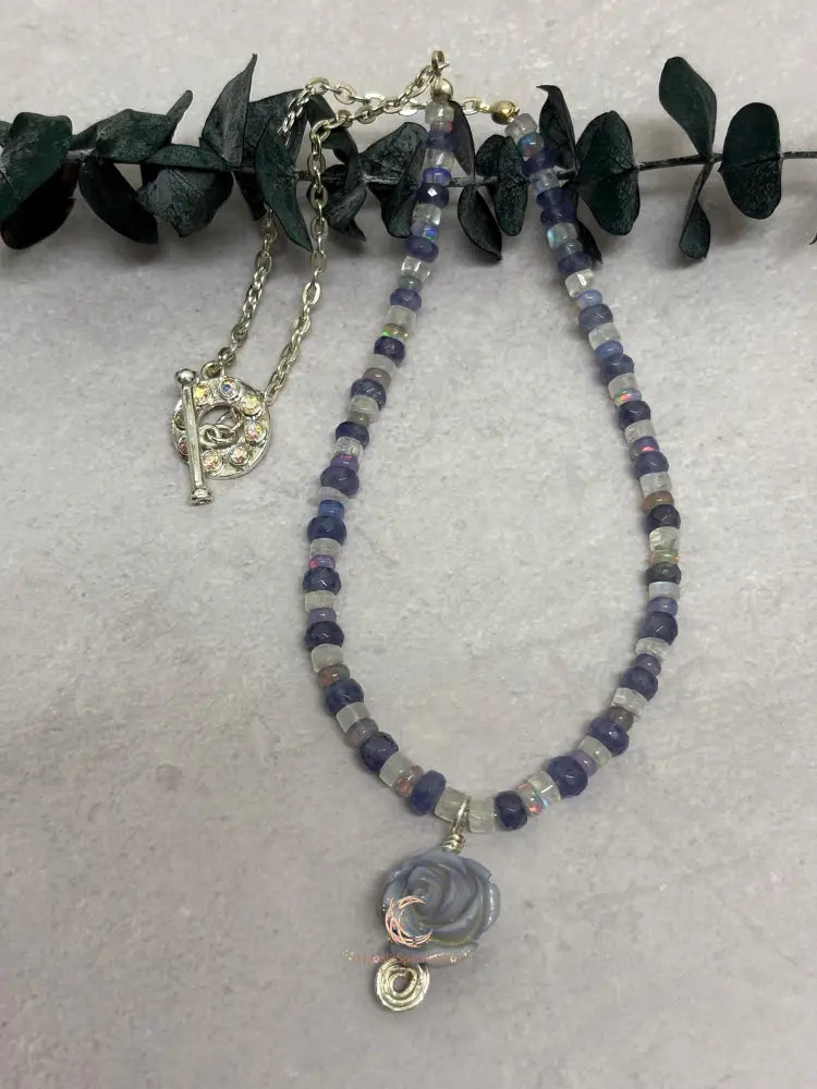 Tanzanite Opal Moonstone Necklace - Lavender Rose Pendant Sterling Silver