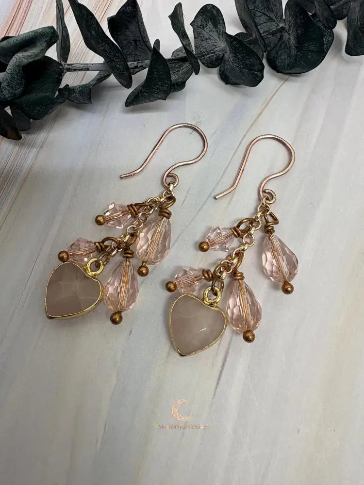 Rose Quartz Dangle Earrings - Pink Crystal Waterfall Drop Rose Gold