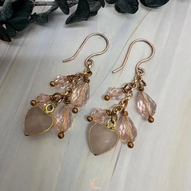 Rose Quartz Dangle Earrings - Pink Crystal Waterfall Drop Rose Gold