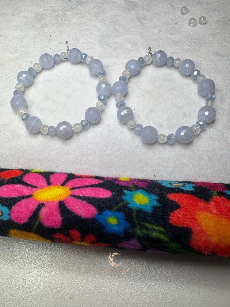 Blue Lace Agate Moonstone Hoop Earrings – Sterling Silver Gemstone Dangle Jewelry