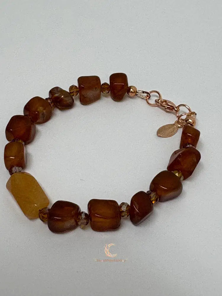 Carnelian Peach Aventurine Bracelet – Copper Leaf Clasp Gemstone Jewelry