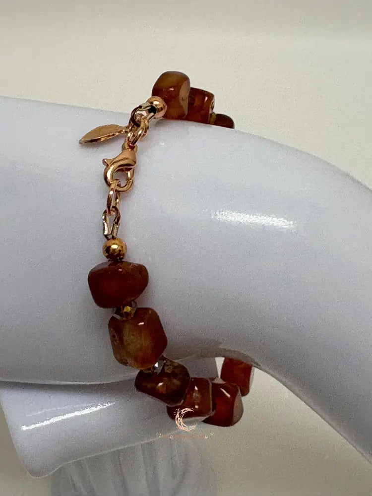 Carnelian Peach Aventurine Bracelet – Copper Leaf Clasp Gemstone Jewelry