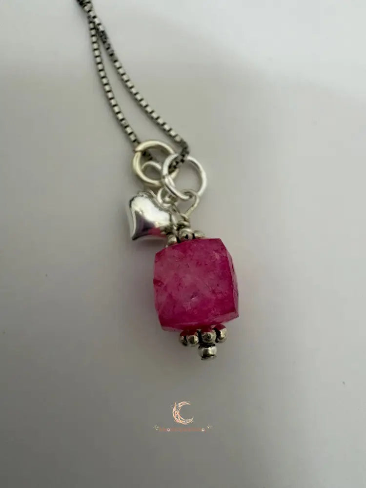 Pink Moonstone Pendant Necklace with Heart Charm - Sterling Silver Box Chain 18