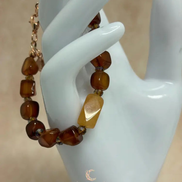 Carnelian Peach Aventurine Bracelet – Copper Leaf Clasp Gemstone Jewelry